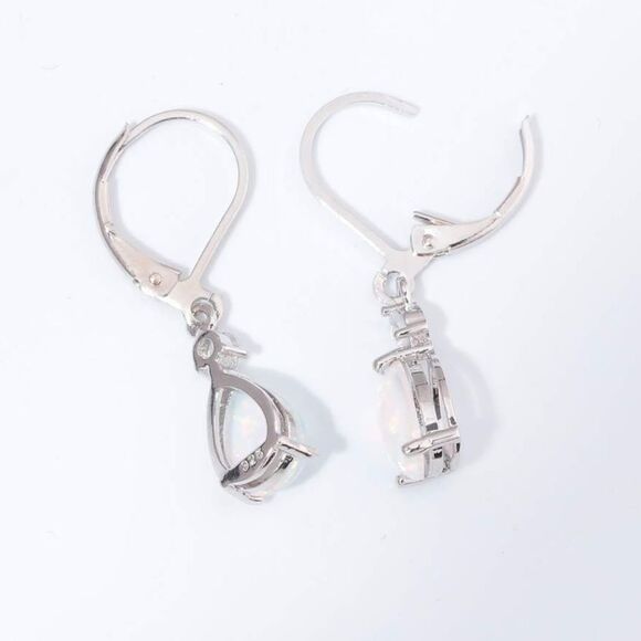 14K White Gold with Genuine White Fire Opal and CZ Teardrop Leverback Earrings - Picture 4 of 5
